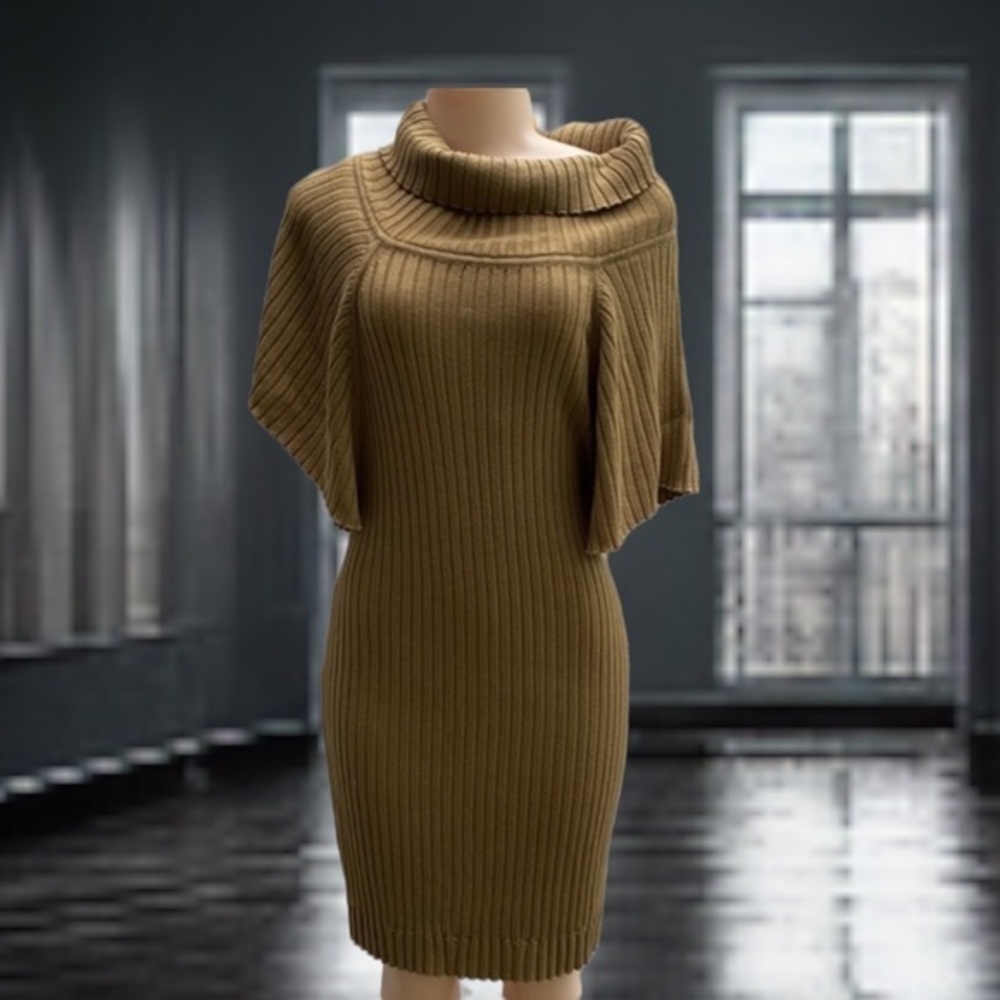 Calvin Klein Ribbed Cowl Neck Sweater Dress Batwing Sleeve Taupe Brown